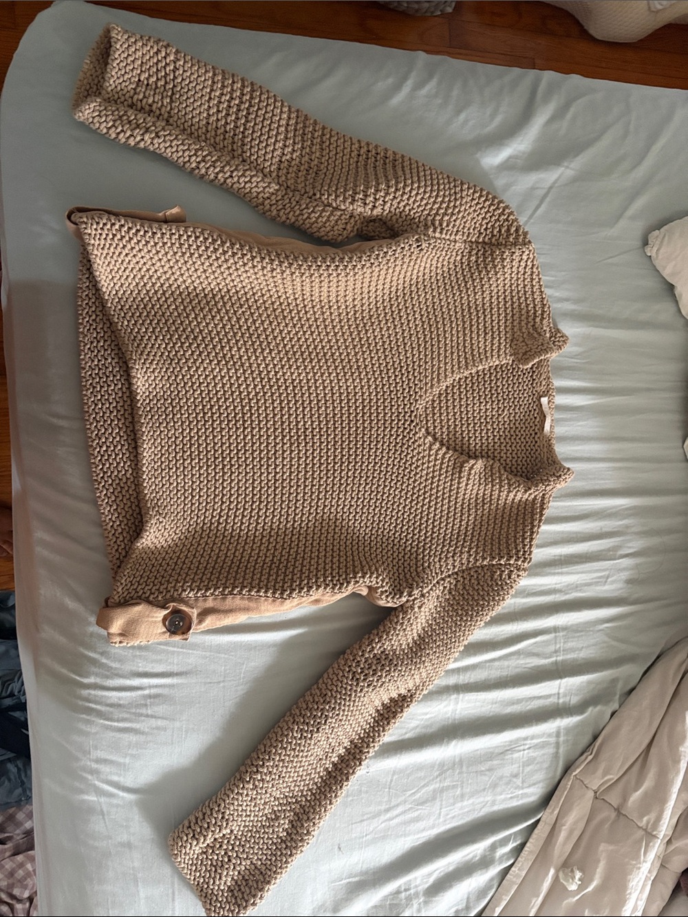 Chloe Tan Chunky Knit Sweater with Button-Tab Hem